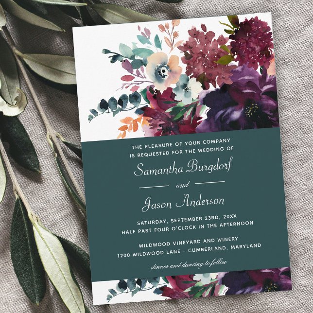 Luxurious Teal Burgundy Watercolor Floral Wedding Invitation (Creator Uploaded)