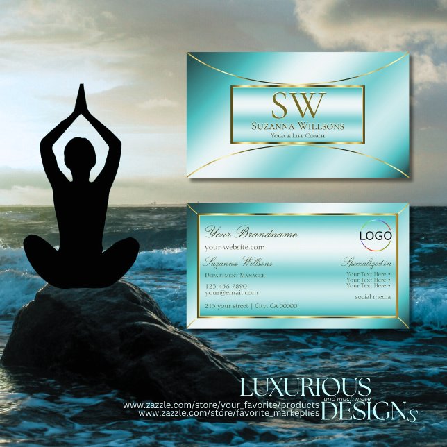 Luxurious Teal Gold Decor with Monogram and Logo Business Card (Creator Uploaded)