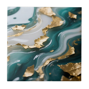 Luxurious Teal Gold Leaf Fluid Marble Tile