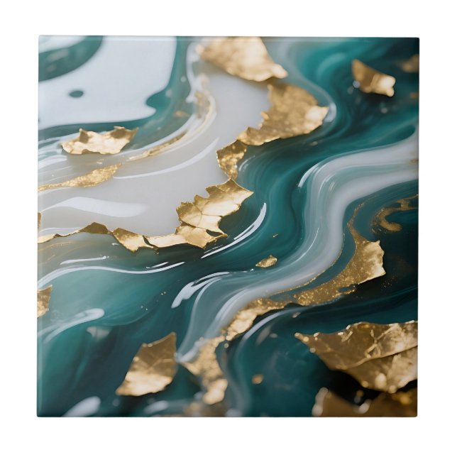 Luxurious Teal Gold Leaf Fluid Marble  Tile (Front)