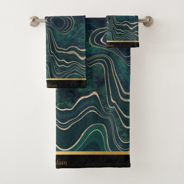 LUXURIOUS TEAL  GREEN MARBLE TRIM TOWEL SET (Insitu)