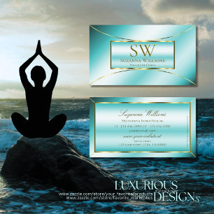 Luxurious Teal with Gold Decor and Monogram Modern Business Card