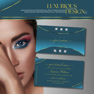 Luxurious Teal with Gold Decor Jewels and Monogram Business Card