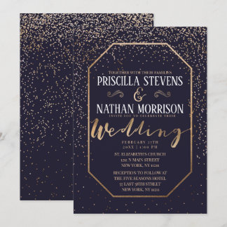 Luxurious Trendy Gold Confetti Navy Blue Wedding Invitation