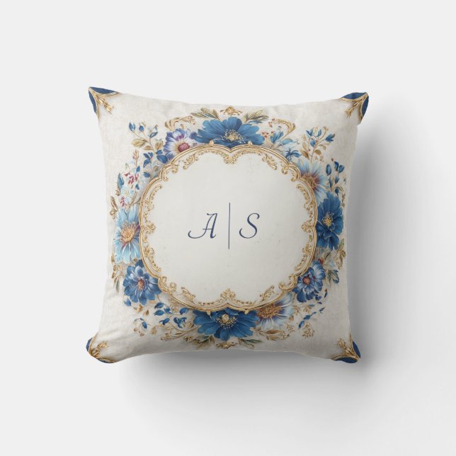 Luxurious Victorian Blue and Gold Floral Design Cushion (Front)