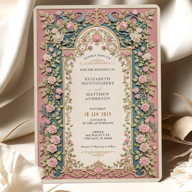 Luxurious Victorian Wedding Pink Roses & Gold Invitation (Creator Uploaded)