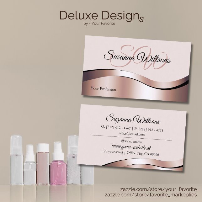 Luxurious Waved Rose Gold Decor with Initials Business Card (Creator Uploaded)