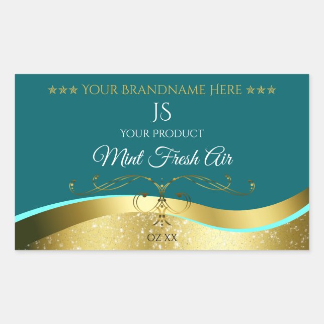 Luxurious Wavy Gold Decor Dark Teal Monogram Label (Front)