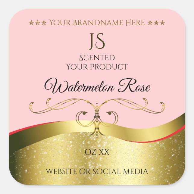 Luxurious Wavy Gold Decor Light Red Monogram Label (Front)