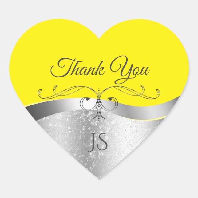Luxurious Wavy Silver Decor on Yellow Thank You Heart Sticker (Front)