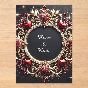 Luxurious Wedding Gold Frame With Red Hearts Acrylic Invitations