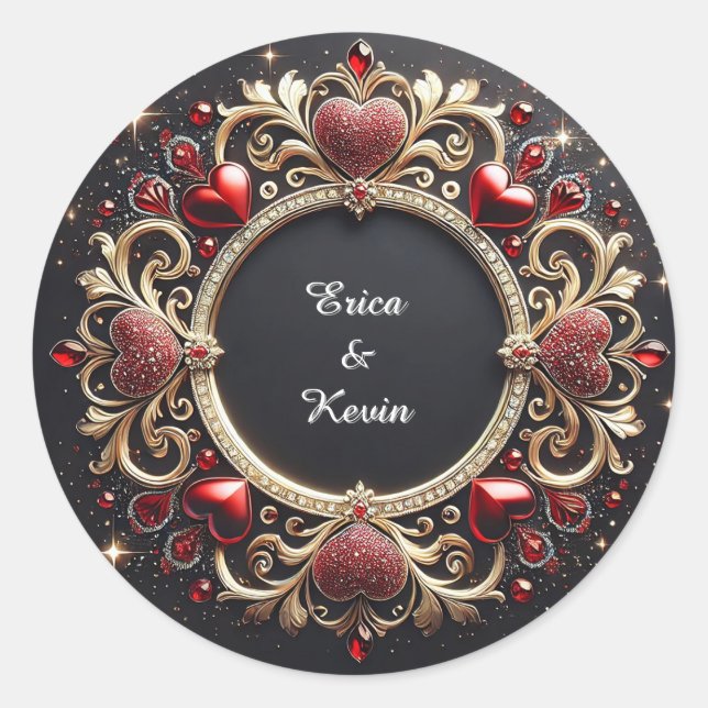 Luxurious Wedding Gold Frame With Red Hearts Classic Round Sticker (Front)