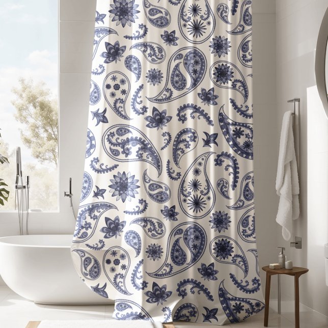 Luxurious White & Blue Paisley Shower Curtain (Creator Uploaded)