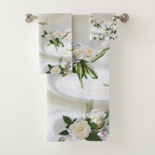Luxurious, White, Flowing Silk & White Roses. Bath Towel Set