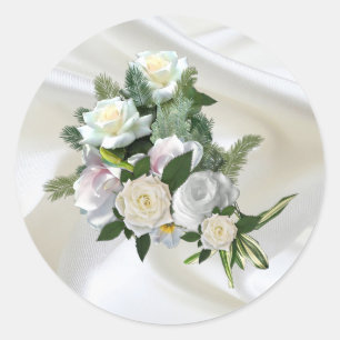 Luxurious, White, Flowing Silk & White Roses. Classic Round Sticker