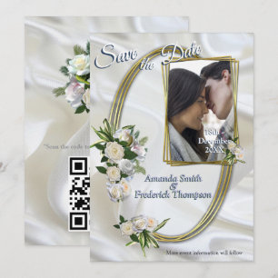 Luxurious, White, Flowing Silk & White Roses. Invitation