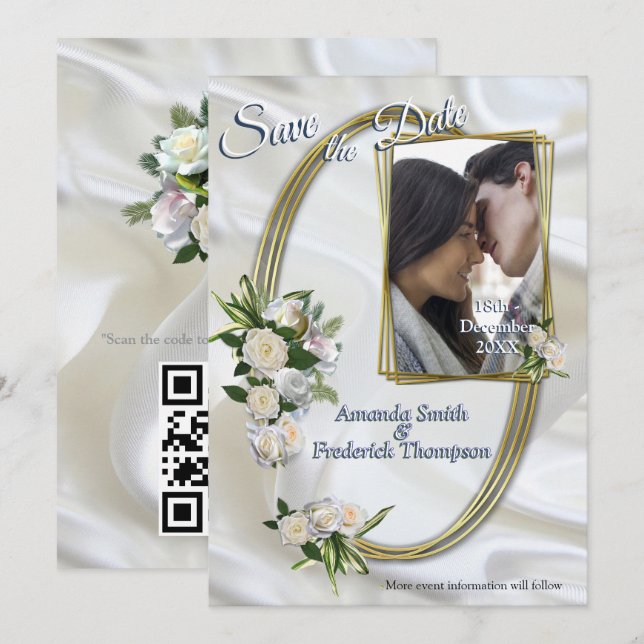 Luxurious, White, Flowing Silk & White Roses. Invitation (Front/Back)