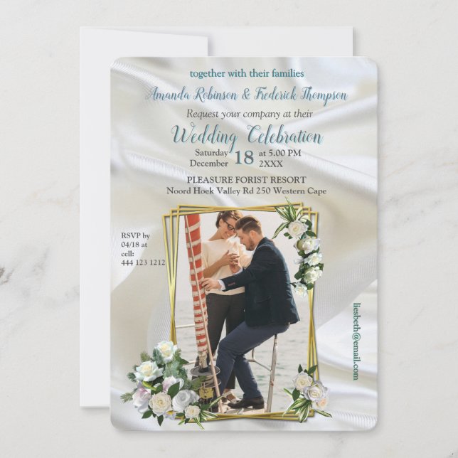 Luxurious, White, Flowing Silk & White Roses. Invitation (Front)