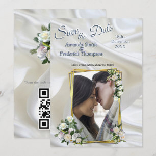 Luxurious, White, Flowing Silk & White Roses. Invitation