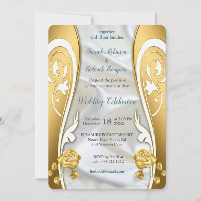 Luxurious, White, Flowing Silk & White Roses. Invitation (Front)