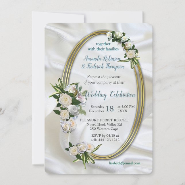 Luxurious, White, Flowing Silk & White Roses. Invitation (Front)