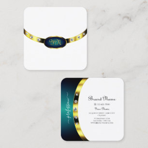 Luxurious White Gold Blue Teal Gradient Monogram Square Business Card
