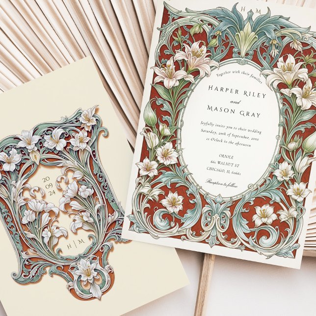 Luxurious White Lilies Art Nouveau Wedding Invitation (Creator Uploaded)