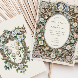 Luxurious White Roses Art Nouveau Wedding Invitation