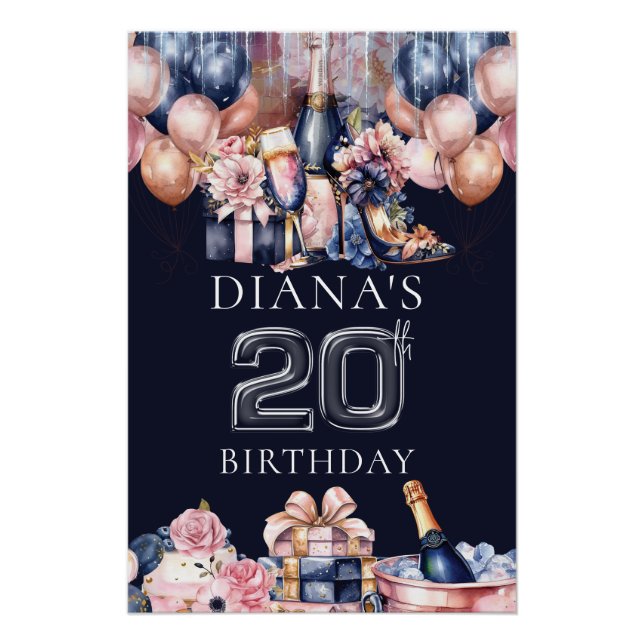 Luxury 20th Birthday Personalised Champagne Heel Poster (Front)