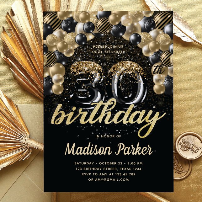 Luxury 30th Birthday Black Gold Balloon Glitter Invitation (Creator Uploaded)