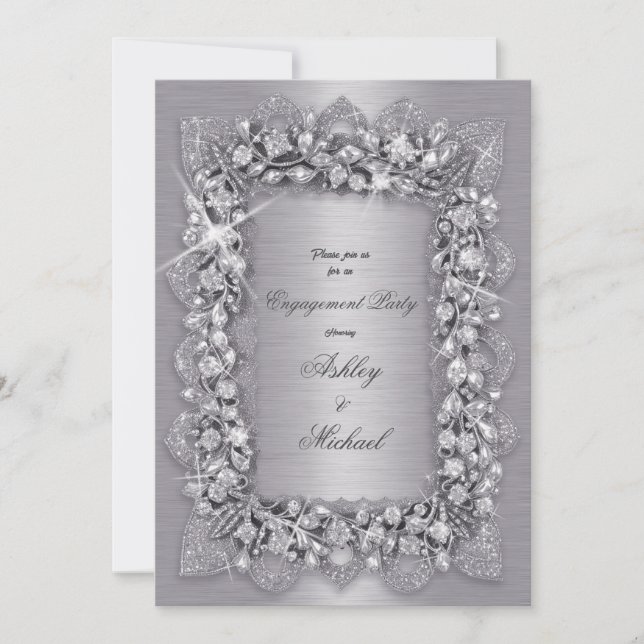 luxury 3d fashionable silver engagement party chic invitation (Front)