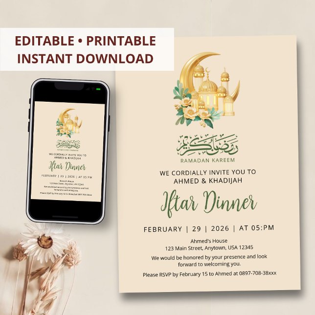 Luxury 3D Gold Mosque and Crescent Moon Iiftar Invitation (Creator Uploaded)