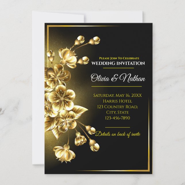 Luxury 3D Metallic Gold Cherry Blossom Wedding Invitation (Front)