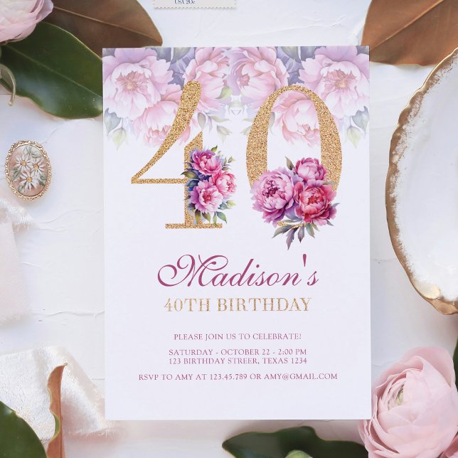 Luxury 40th Birthday Floral Pink Gold Glitter Invitation (Creator Uploaded)