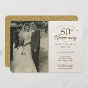 Luxury 50th Anniversary Gold Heart Confetti Photo Invitation