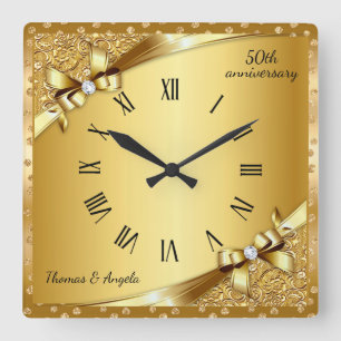 Luxury 50th Anniversary Metallic Gold and Diamond Square Wall Clock