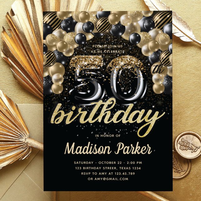 Luxury 50th Birthday Black Gold Balloon Glitter Invitation (Creator Uploaded)