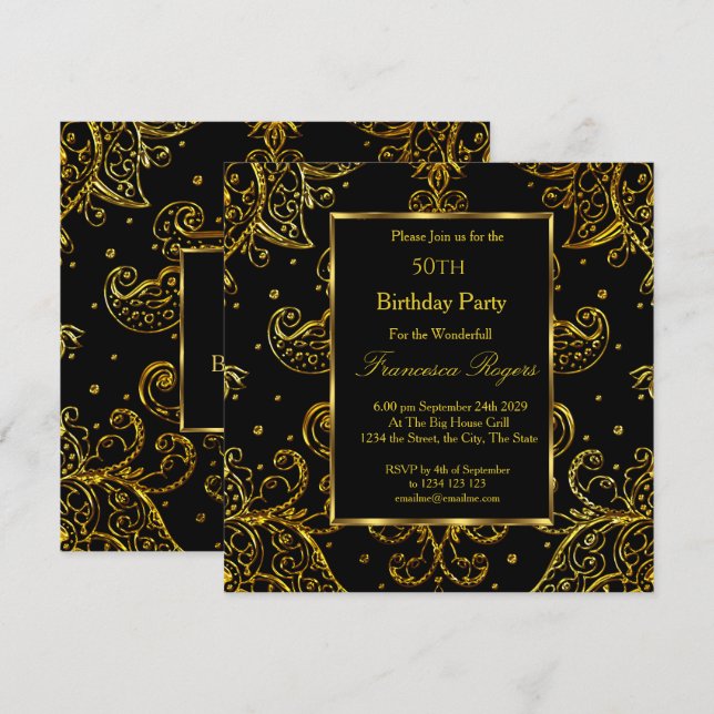Luxury 50th Birthday Party Gold Black Invitation (Front/Back)