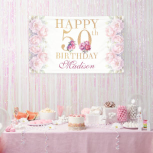 Luxury 50th Birthday Peonies Pink Gold Glitter Banner