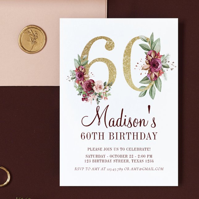 Luxury 60th Birthday Burgundy Gold Floral Invitation (Creator Uploaded)