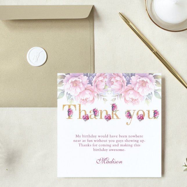 Luxury 60th Birthday Floral Pink Gold Glitter Thank You Card (Creator Uploaded)