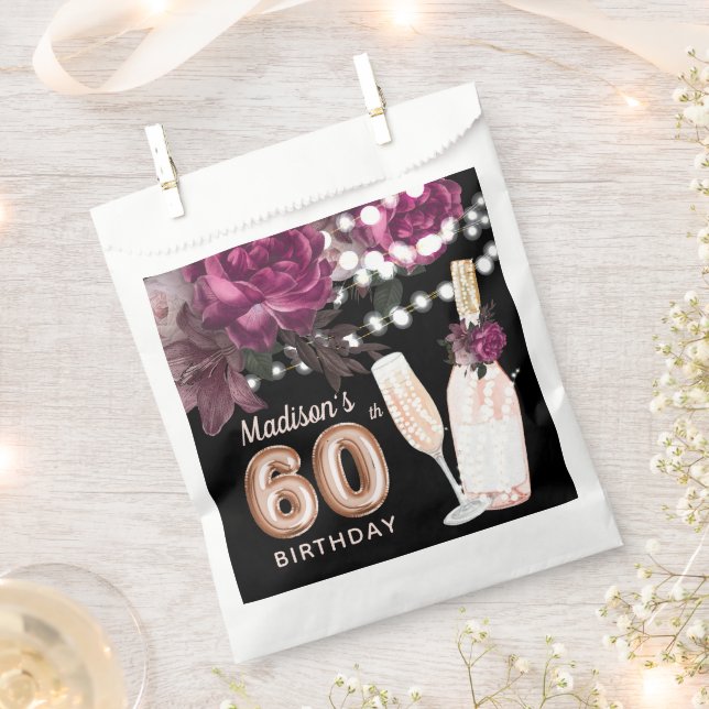 Luxury 60th Birthday Personalised Rose Wine Favour Bags (Clipped)