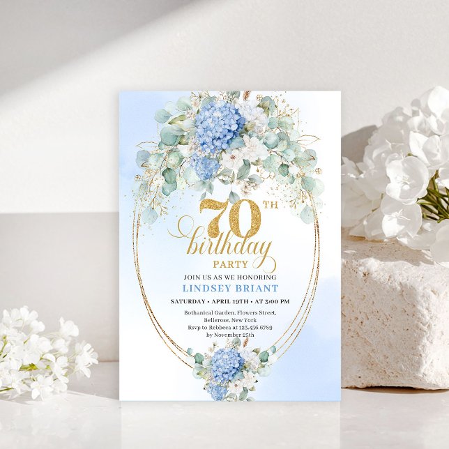 Luxury 70th Birthday Blue Floral Watercolor Invite (Luxury 70th Birthday Blue Floral Watercolor Invitation)