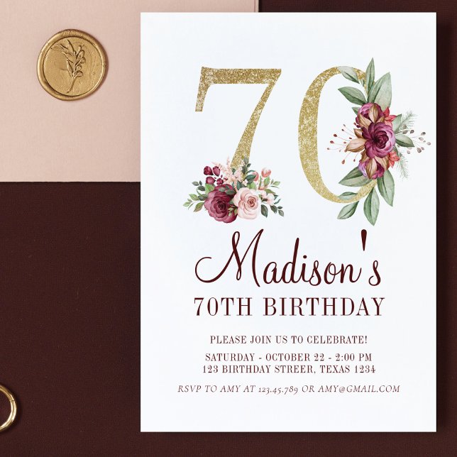 Luxury 70th Birthday Burgundy Gold Floral Invitation (Creator Uploaded)