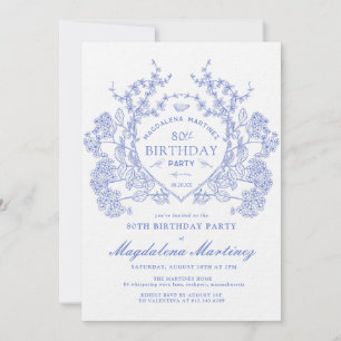 LUXURY 80th Birthday Vintage Blue Floral Crest Invitation