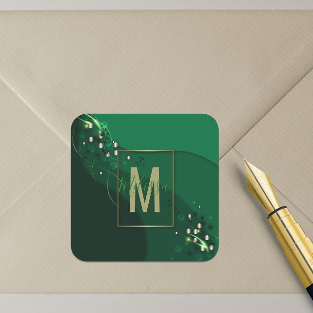 Luxury Abstract Emerald Green Gold Monogrammed Square Sticker (Creator Uploaded)
