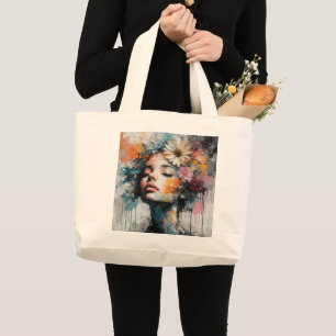 Luxury Abstract Floral Woman Portrait Wall Art Large Tote Bag