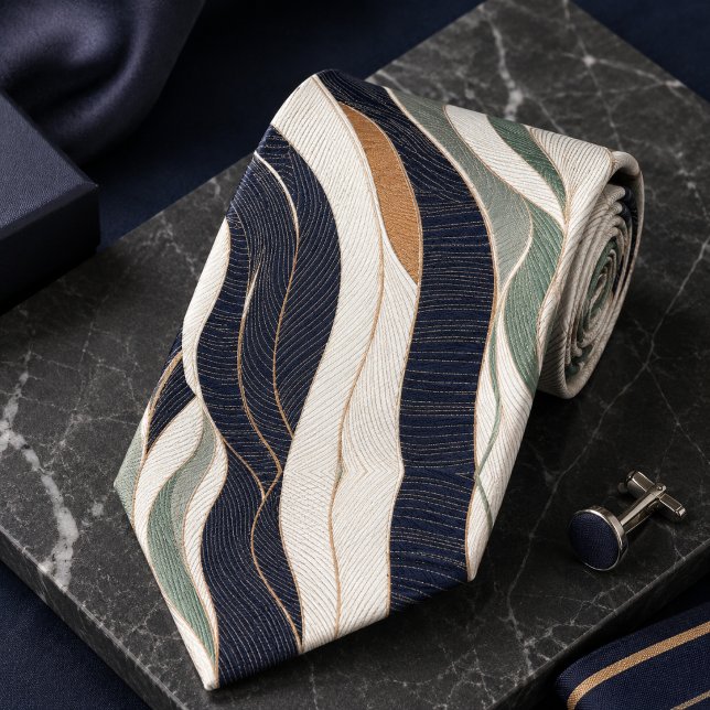 Luxury Abstract Wave Navy Blue Sage Green Beige Tie (Creator Uploaded)