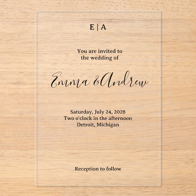 Luxury Acrylic Wedding Invitation | Clear, Custom (Front)