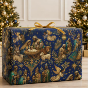 Luxury African American Nativity Christmas Blue Wrapping Paper